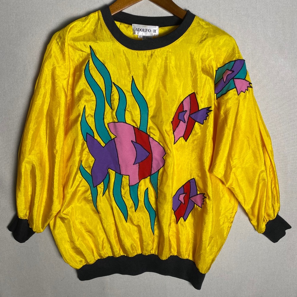 Vintage Adolfo II Yellow Fish Applique Pullover Windbreaker Sweatshirt Womens L